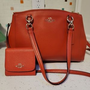Bright red coach leather christie carryall and wallet